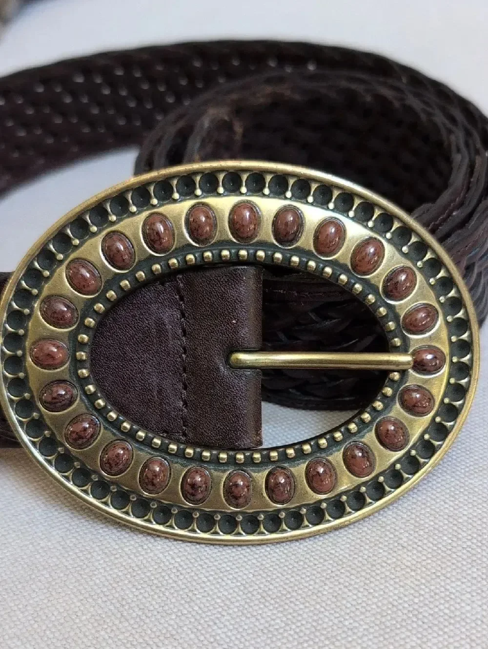 Coldwater Creek Woven Brown Leather Adjustable Belt Decorative Oval Buckle